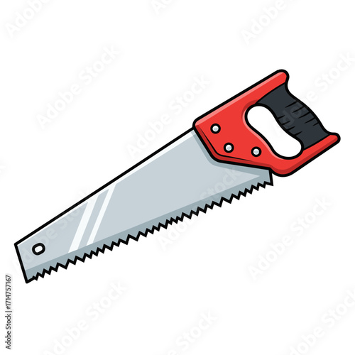 Cartoon illustration of a hand saw with a red handle and a silver blade, a common tool for cutting wood and other materials.