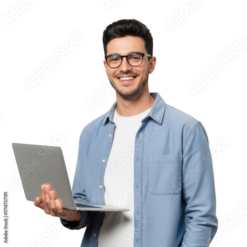 Wallpaper Mural A smiling young man wearing glasses and a blue denim shirt holds a silver laptop computer while looking directly at the viewer isolated on transparent background Torontodigital.ca