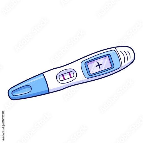 A blue and white cartoon illustration of a positive digital pregnancy test showing a plus sign and two lines.