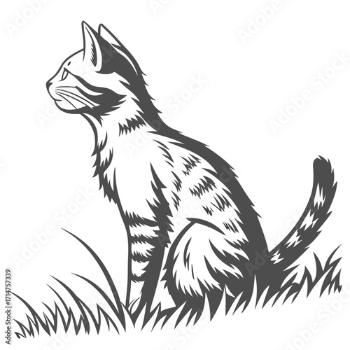 Stylized illustration of a domestic cat sitting attentively in tall grass with a white background