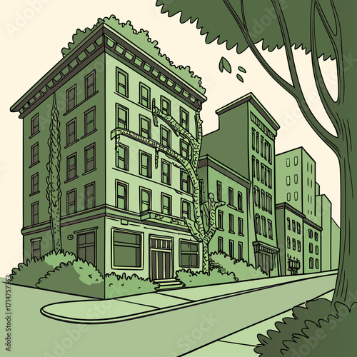 Stylized illustration of a green city street with vine covered buildings and large trees