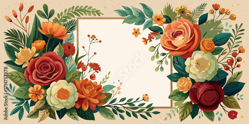 A delicate floral frame of pink and red roses with fluttering butterflies decorates a romantic greeting card