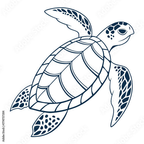 Stylized line art illustration of a sea turtle swimming gracefully in the ocean depths