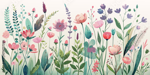 Vibrant tulip flowers bloom in a colorful field, creating a beautiful spring background