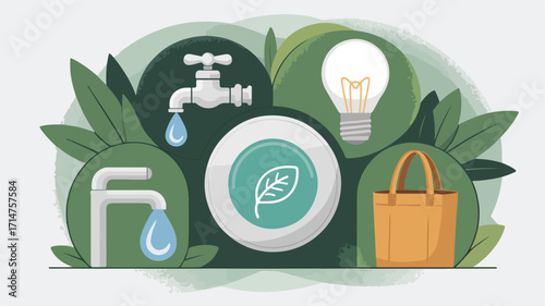 Sustainable lifestyle illustration with faucet water drop, light bulb, leaf symbol, reusable tote bag, and green foliage — eco-conscious design elements