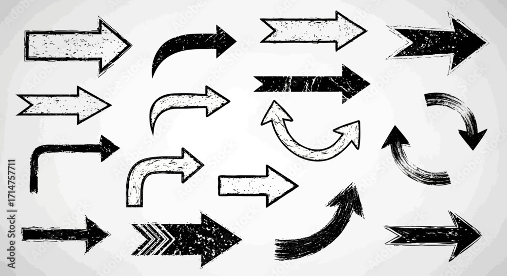 Collection of hand-drawn arrows in various shapes and styles, pointing in different directions, with a textured, grunge effect. Collection of hand-drawn arrows in various shapes and styles, pointing in different directions, with a textured, grunge effect.