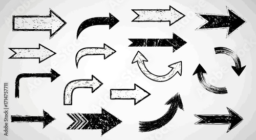 Collection of hand-drawn arrows in various shapes and styles, pointing in different directions, with a textured, grunge effect.