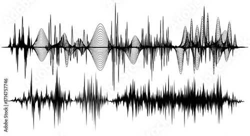 Multiple audio waveforms illustrating different sound frequencies and intensities.