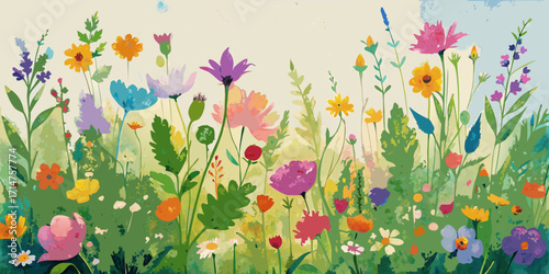A field of vibrant, colorful spring flowers in full blossom