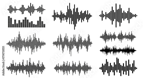 Nine graphic representations of sound waves, showing varying amplitudes and frequencies on a white background.
