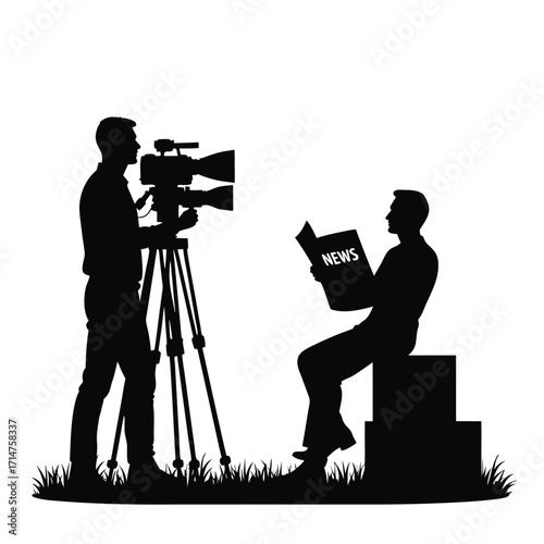 Cameraman filming man reading news paper silhouette