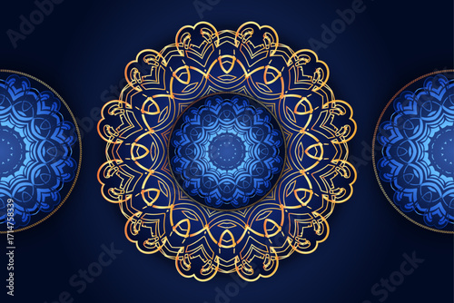 Golden mandala flowers inside three blue circles on dark background sacred geometric art