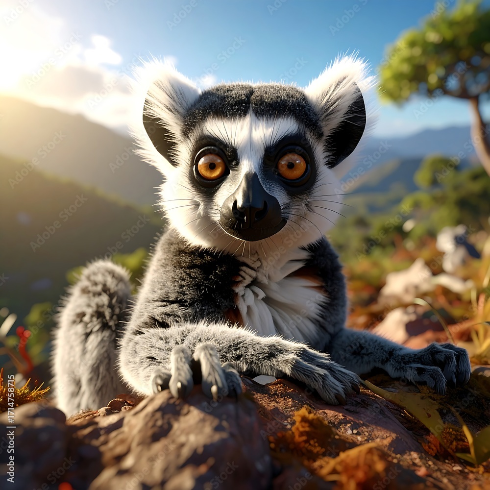 Fototapeta premium Cute lemur on a mountaintop