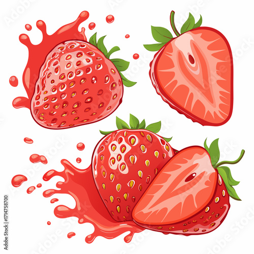 Juicy Strawberry Set with Slices and Splash Effect Illustration