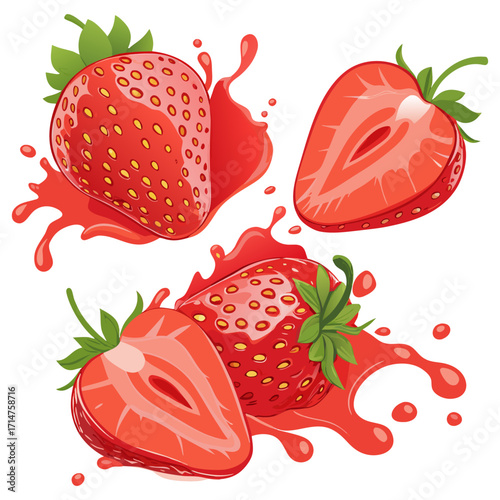 Juicy Strawberry Set with Slices and Splash Effect Illustration