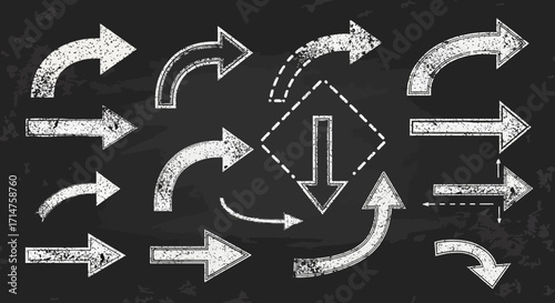 Collection of various white chalk-drawn arrows pointing in different directions on a dark textured background.