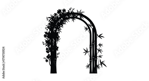 A simple black silhouette of a floral archway with dense foliage