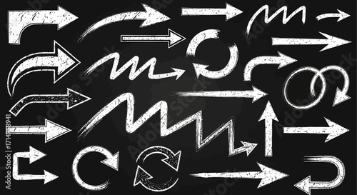 Collection of various chalk-drawn arrows on a blackboard background.