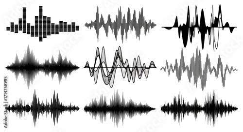 Collection of various sound wave visualizations, showcasing different frequencies and amplitudes.