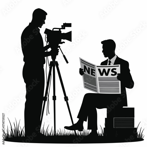 Cameraman filming man reading newspaper silhouette
