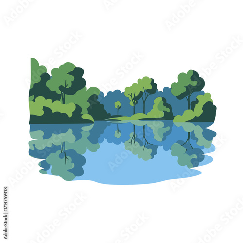Tranquil lake reflecting lush green trees and foliage.
