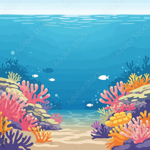 Underwater scene with coral reef, fish, and sandy seabed in a cartoon style.