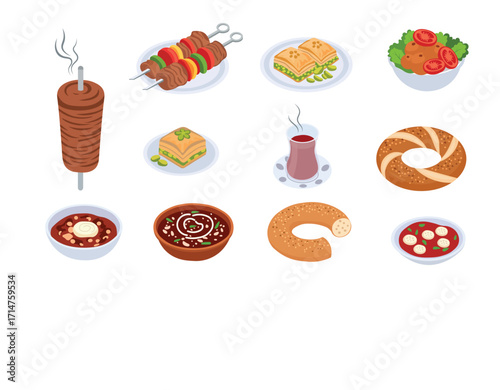 Traditional Turkish Food Icons – Doner, Baklava, Kebab, Tea, Simit, and Cuisine Clipart