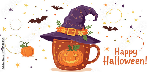 Charming Halloween vector art with a witch's hat on a jack-o'-lantern coffee cup, surrounded by bats and stars