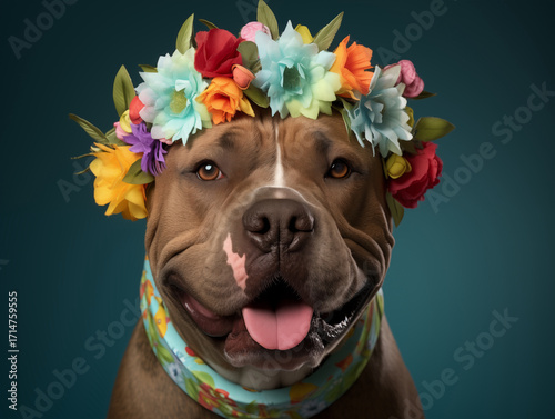 A joyful pitbull wearing a vibrant floral crown smiling for the camera