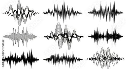 Nine different black and white sound wave visualizations arranged in a grid pattern.