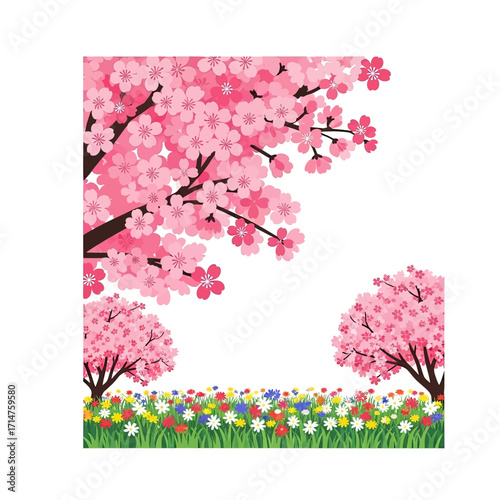 A beautiful spring landscape with blooming pink cherry blossom trees and a field of colorful wildflowers.
