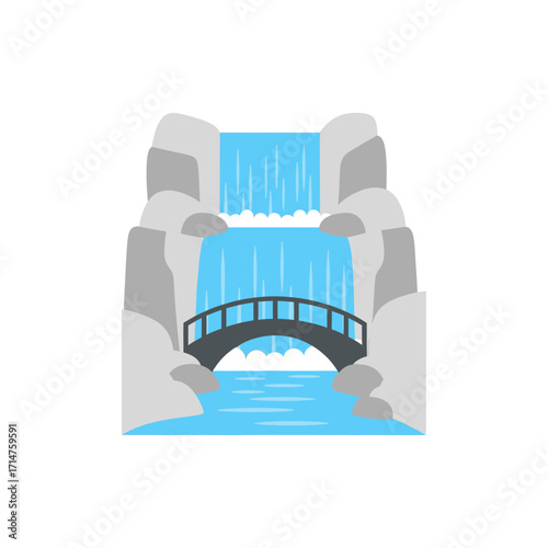A picturesque waterfall cascading down rocks with a charming bridge crossing the water below.