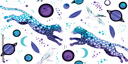 Mystical illustration of two celestial leopards leaping through a cosmic dreamscape with planets, moons, and ethereal birds