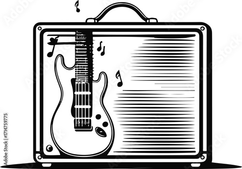 Black bold outline with white background, Minimal single line art of electric guitar amplifier, music theme 1