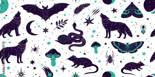 Mystical seamless pattern with celestial symbols, howling wolves, nocturnal moths, and magical forest animals on a white background