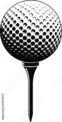 Golf ball on tee, black and white illustration, sports equipment, textured dimples, minimalist design, aerodynamic concept, isolated object, golf-themed artwork