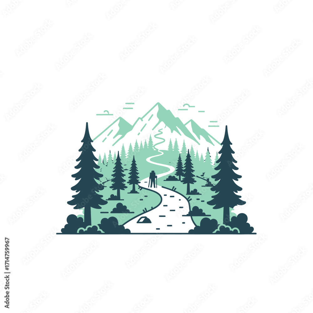 Fototapeta premium Illustration of a mountain landscape with a winding path and two figures.