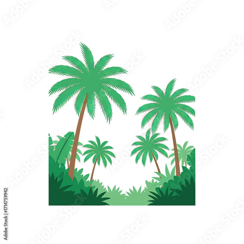 Vibrant illustration of a tropical landscape featuring multiple green palm trees and lush dense foliage on a white background.