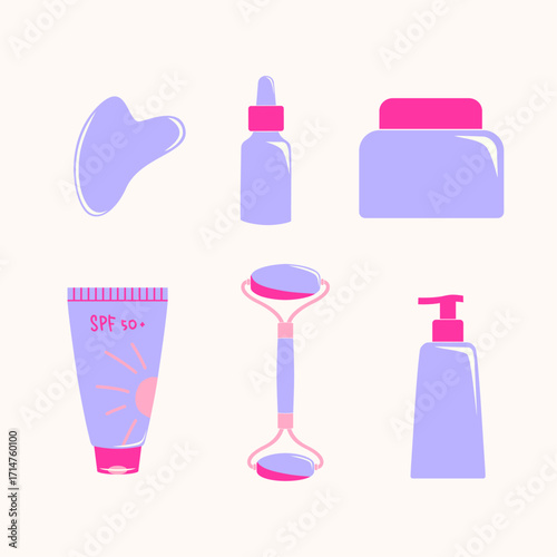 Hand-Drawn Skincare Vector Set: Sunscreen, Gua Sha, Jars, Facial Roller & Dropper Bottle Illustrations.