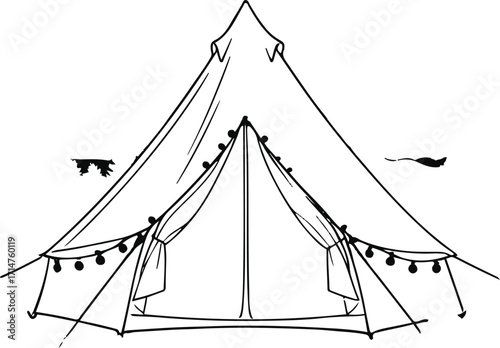 Black bold outline with white background, Black outline of tent with fairy lights hanging, camping night