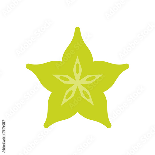 A vibrant green starfruit slice is depicted against a white background, showcasing its unique star shape and internal seed pattern.