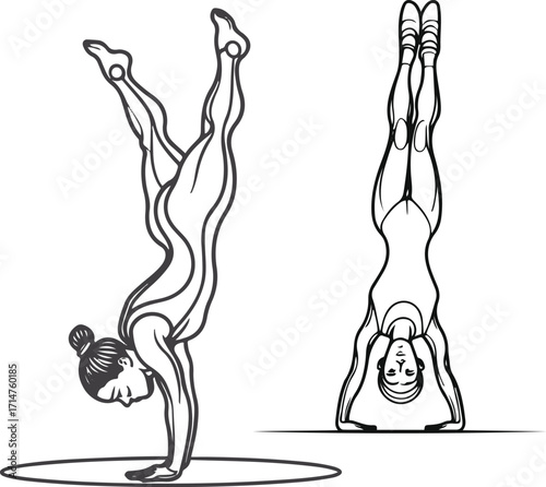 Black bold outline with white background, Minimal continuous line art of gymnast doing handstand 1