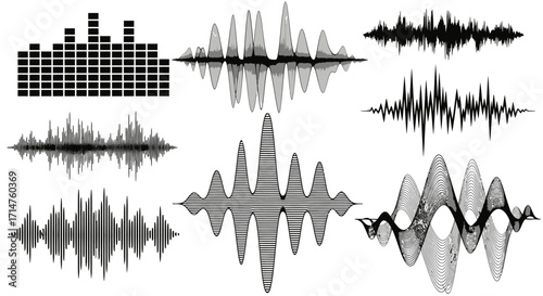 A collection of eight different abstract sound wave visualizations, each with a unique pattern and style.