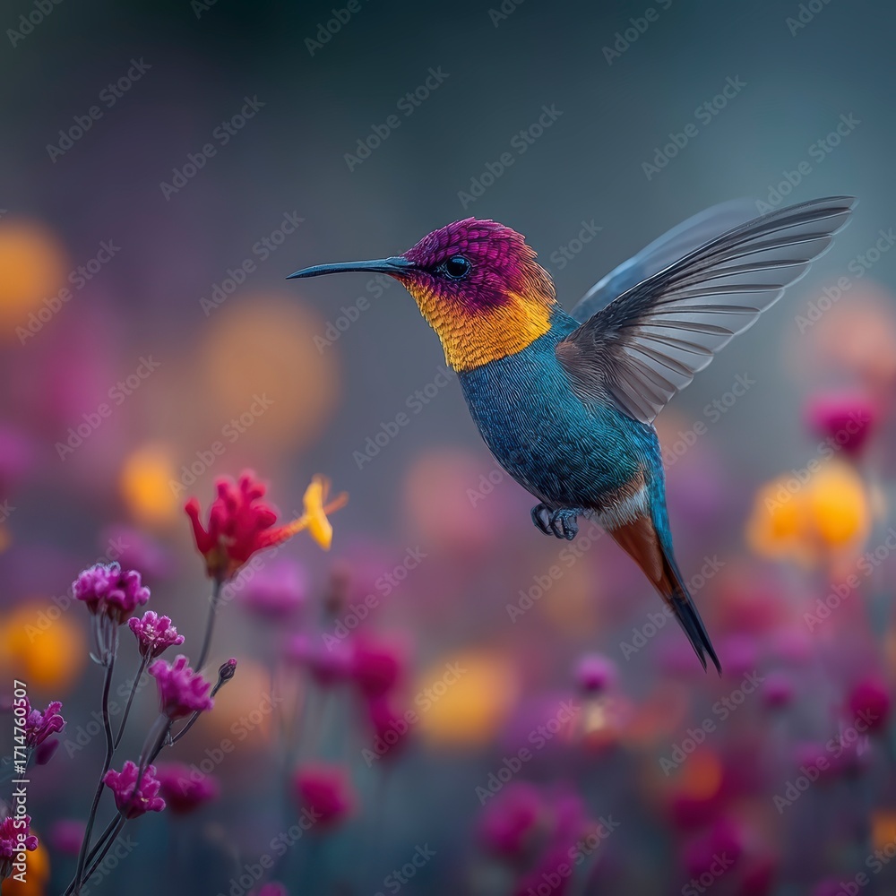Obraz premium Vibrant Hummingbird Hovering Over Colorful Blossoms in Nature