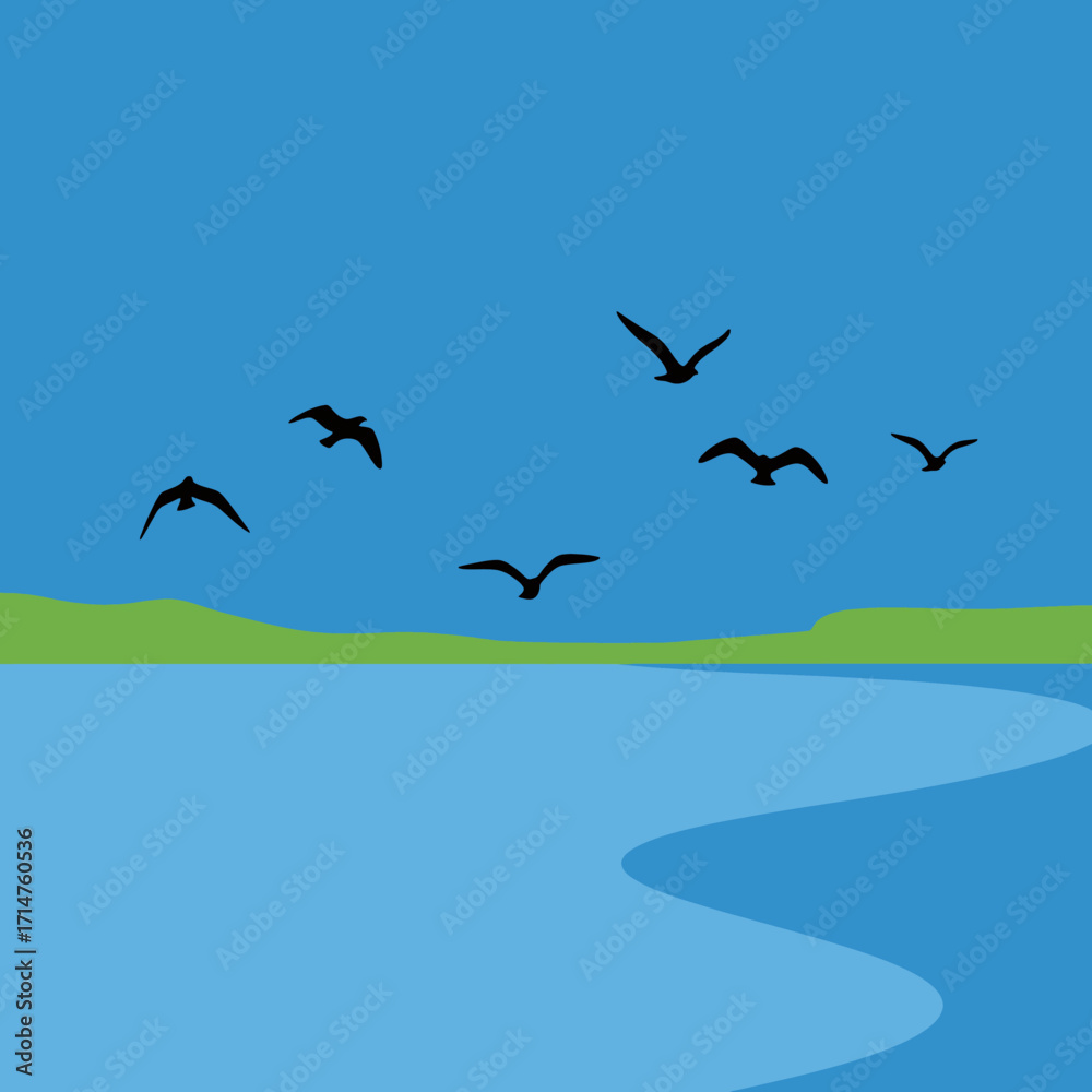 Obraz premium Seascape with birds in flight over a calm body of water and green hills.