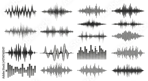 Collection of various grayscale audio waveforms and sound level bars.