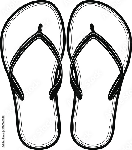 Black bold outline with white background, Minimal line art of pair of flip-flops side by side, summer vibe 2