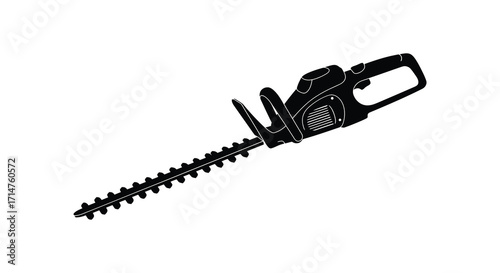 Black silhouette of a cordless electric hedge trimmer on white background