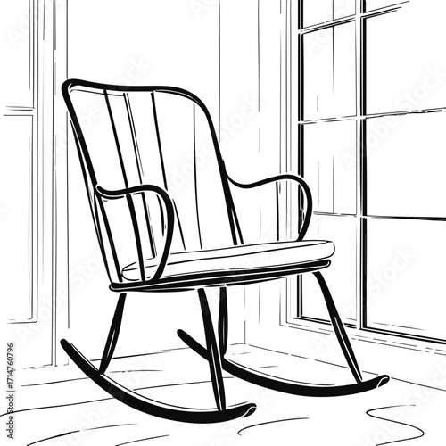 Black bold outline with white background, Minimal line art of rocking chair near window, cozy vibe