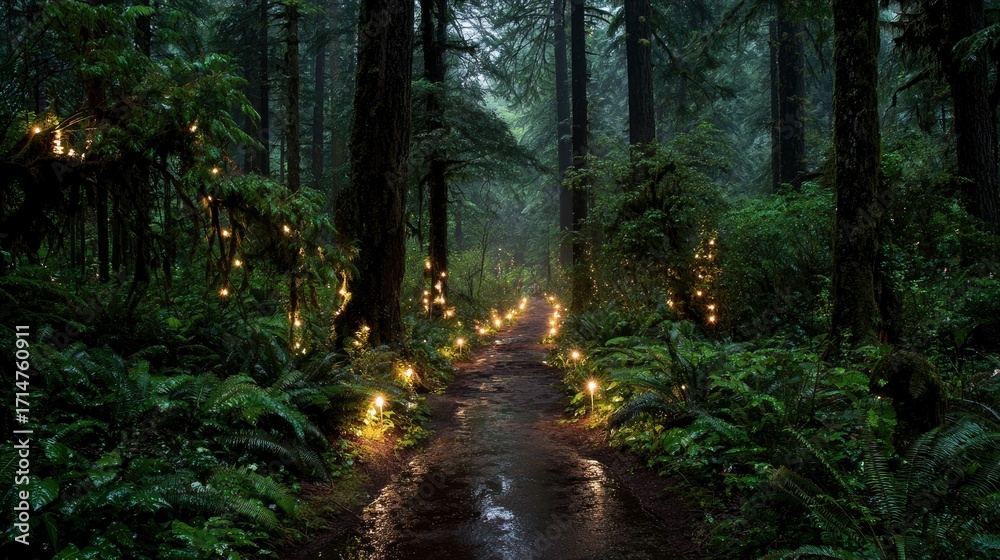 Obraz premium Enchanted forest path, glowing lights